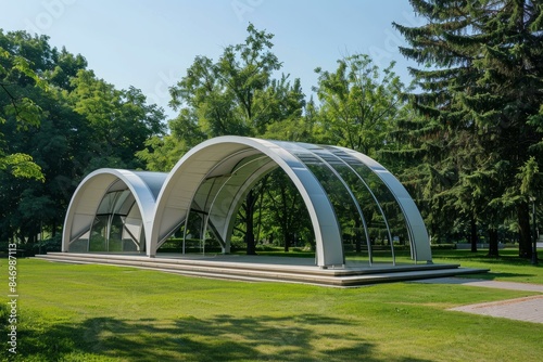 Elegant white bandshell with a curved design stands in a lush green park