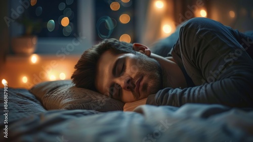 A man rests comfortably in bed, his face relaxed as he sleeps soundly. Warm, soft lighting creates a cozy and peaceful ambiance.