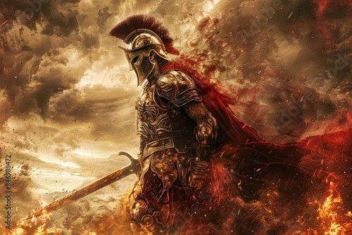 A digital painting of an imposing spartan warrior in full armor amidst a fiery battlefield