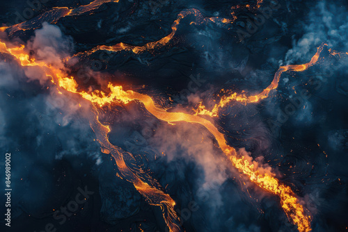 Aerial view of a dramatic volcanic eruption with rivers of flowing lava and smoke creating a breathtaking natural landscape.