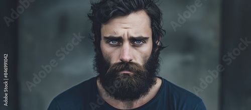 A man with facial hair appears to be saddened and distressed, displaying a frowning expression of sorrow and offense. with copy space image. Place for adding text or design