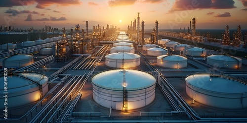 3D industrial scene featuring refinery storage tanks for gas, gasoline, or LNG. Concept 3D Rendering, Industrial Design, Refinery Storage Tanks, Oil & Gas, LNG Production