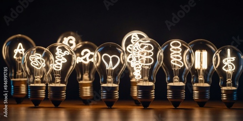 A selection of light bulbs with different filament designs lit up against a dark background