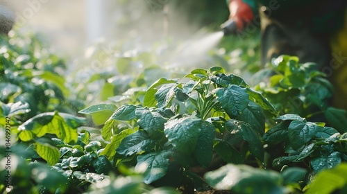 A worker sprays pesticide on green leaves of potatoes and various garden crops outdoors Pest control : Generative AI