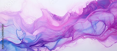 Close-up view of a painting depicting purple and blue liquid on a high-quality paper texture background. with copy space image. Place for adding text or design
