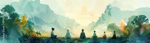 Watercolor painting of four people meditating in nature.