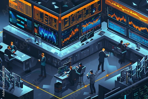 An isometric view of a stock market floor, with abstract traders and digital screens