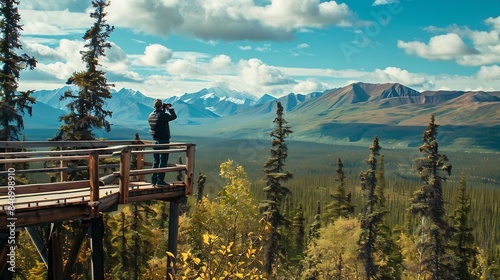 Tourist looking far away with binoculars at wooden lookout platform in Denali National Forest Alaska USA Mountains in background : Generative AI