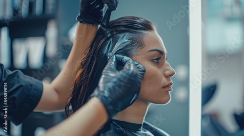 A woman is getting her hair dyed in a salon. A stylist is applying dye to her hair with a brush, while wearing black gloves.