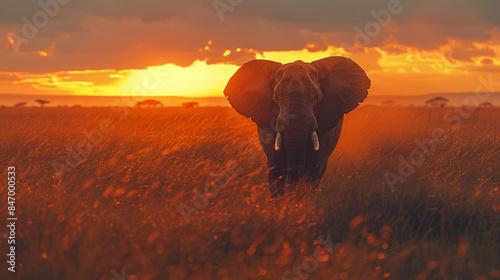 Giants of the golden hour: elephants at sunset in African parks.