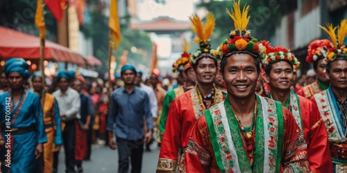 Smiling men in traditional ethnic costumes partake in a vibrant street procession in a cultural event