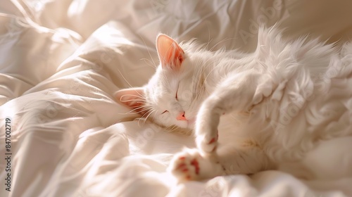 white cat with red spots sleeps in a bed cat sleeps in a bed shaggy cat shaved cat : Generative AI