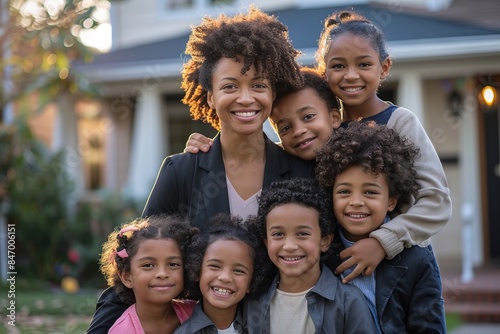 A joyous family portrait with a happy mother surrounded by her six smiling children, captured in a natural outdoor setting. Perfect for family themes, lifestyle content, and social campaigns
