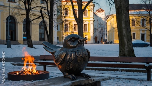 BRATISLAVA, SLOVAKIA - FEBRUARY 11, 2014: Bird on the fire symbolic carved sculpture from bench in st. Matins cathedral from years 1863 -?? 1878 from manufactures of Anton Furst a Johann Hutterer.