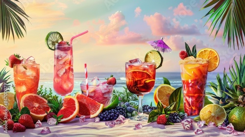 A collection of various drinks on a sunny beach