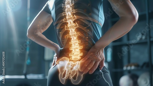Illustration of human spine highlighting lower back pain, emphasizing anatomy and health issues related to lumbar spine discomfort.