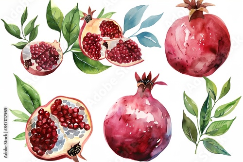 painting of pomegranates with leaves around them on a white background