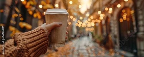 Woman strolls through a festive autumn street, savoring her takeaway coffee