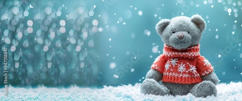 Grey Plush Bear in a Red Sweater on a Snowy Background. Concept of winter decoration, holiday spirit, cozy atmosphere, Christmas. Copy space