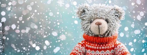 Winter-themed toy bear with cozy red sweater in a snowy background. Concept of winter season, holiday vibes, festive decoration, Christmas. Copy space