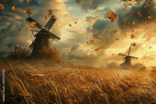 Idyllic landscape with windmills amidst a field of wheat under a sunset sky strewn with falling leaves