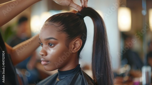 A woman has her hair styled into a high ponytail by a stylist at a salon.