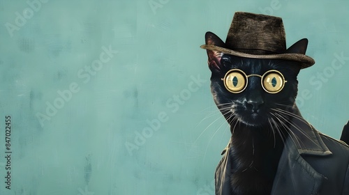 Sneaky Black Cat Spy in Naive Art Style Uncovering Secret Intelligence