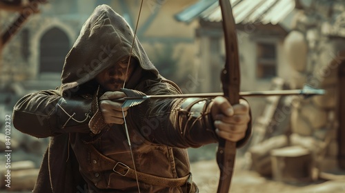 Hooded Cyber Archer Defending Historical Village with Bow and Arrow