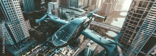 Futuristic helicopter hovering over modern cityscape