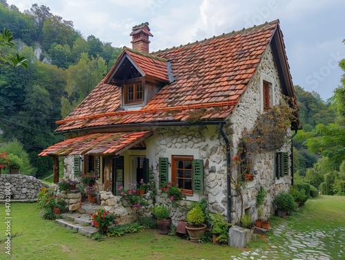 A traditional Slovenian Karst house with stone walls and red-tiled roof 