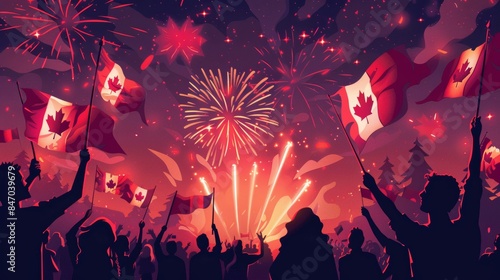 Crowd waving Canadian flags under night sky lit up with fireworks. vibrant scene includes silhouettes of people against background of exploding colors, depicting national pride, Canada day