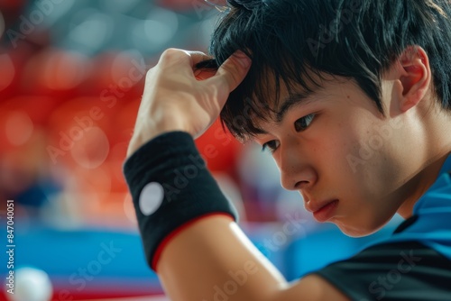 Focused Table Tennis Player Adjusting Wristband Before Olympic Match - Capturing Determination and Focus