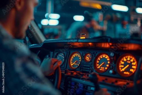 Car Dashboard with Warning Lights Indicating Maintenance, Mechanic Fixing Vehicle in Background