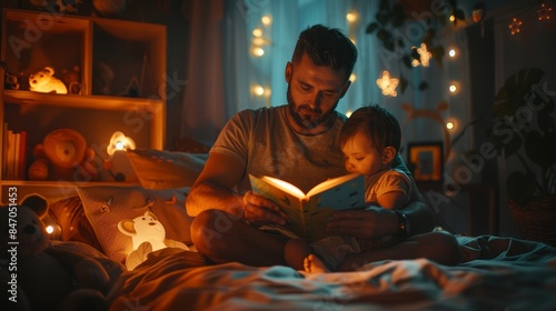 A father reads a bedtime story to his child in a cozy, warmly lit room filled with soft toys and glowing fairy lights.
