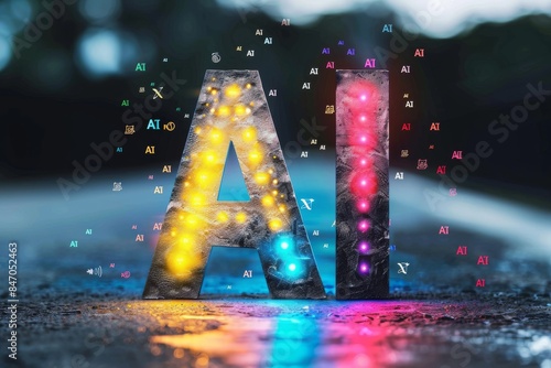 Vibrant AI letters in a digital landscape, symbolizing the presence and impact of artificial intelligence in technology