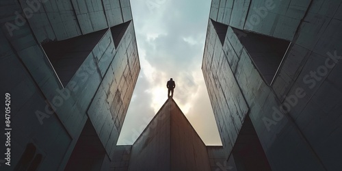 Silhouette of a person standing between modern buildings, looking up at the sky, symbolizing achievement, ambition, and future goals.