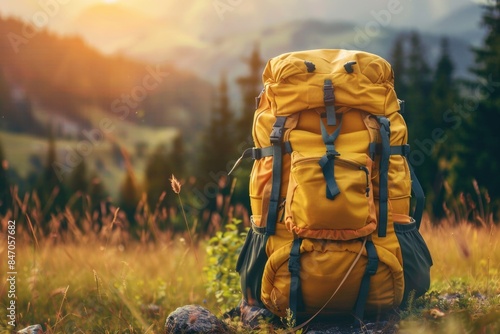 A yellow backpack sits on a grass-covered field, ready for adventure