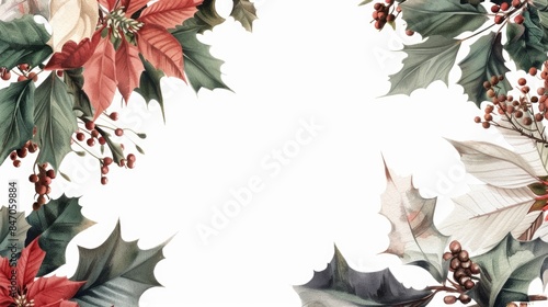 A festive holiday scene featuring poinsettias and holly