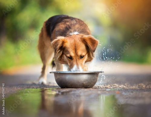 Pies pijący wodę z miski na spacerze