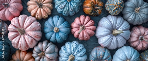 There are various varieties of pumpkins present in the image