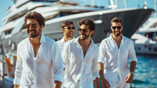 Four dashing men in white linen shirts and sunglasses strolled along the yacht marina, beaming with joy.