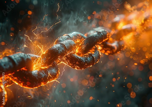 Dramatic close-up of two metal chains breaking with sparks and fire
