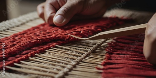 Intimate detail of hands weaving a red textile with a wooden comb-like tool, showcasing the art of craftsmanship