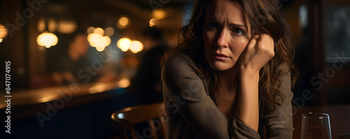 Middle-aged woman at cafe bar feeling lonely and offended after bad news