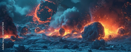 Volcanic bombs captured mid-eruption, suspended in aerial limbo.