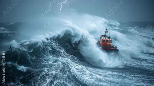 The storm-tossed sea sets an intense stage as a rescue vessel battles through formidable waves, risking all in the quest to save lives.