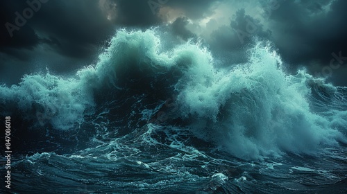 A painting showcasing a large and powerful wave in the ocean, capturing the dynamic movement and sheer force of nature