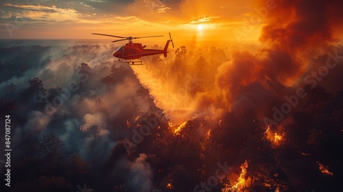 A helicopter hovers over the swathes of burning trees, casting an epic silhouette against the backdrop of a devastating forest fire.
