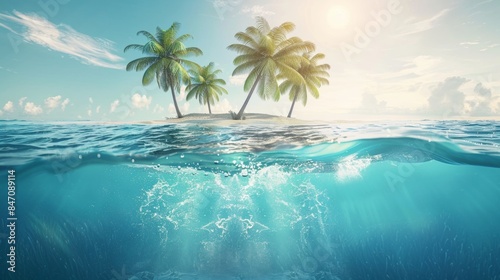Small island with palm tree in sea.