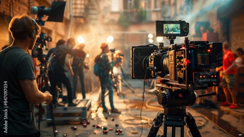 A dynamic scene of a diverse film crew assembling equipment